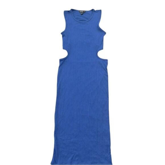 Elegant Blue Sleeveless Dress Ribbed Cut Out Side Midi Royal Blue Dress Small - Picture 1 of 8